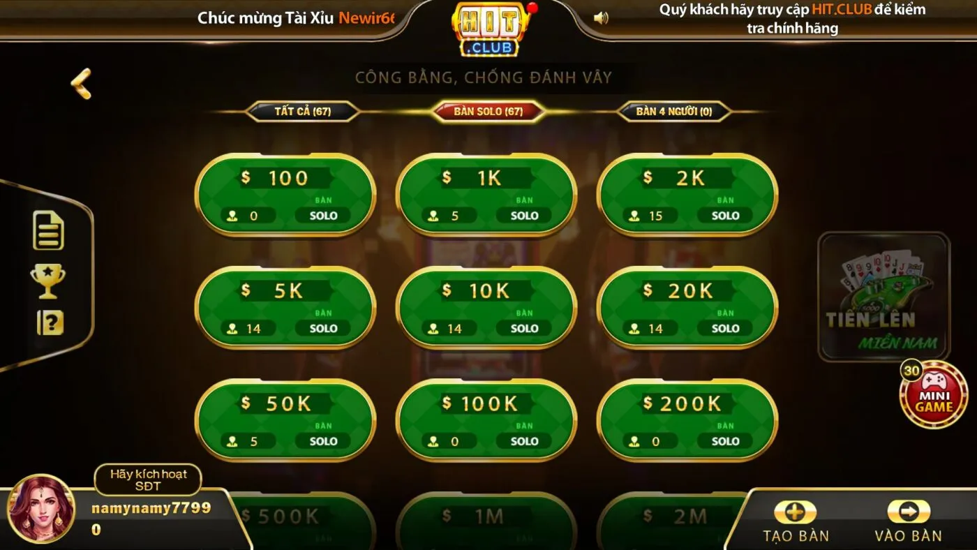 Các bàn cược Tiến lên miền Nam tại cổng game Hit Club